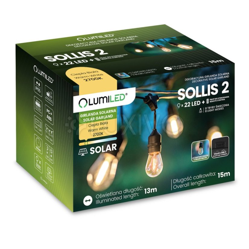 Vonkajšia solárna girlanda 22x LED ozdobné žiarovky 15m 2700K teplá IP65 SOLLIS 2 Lumiled