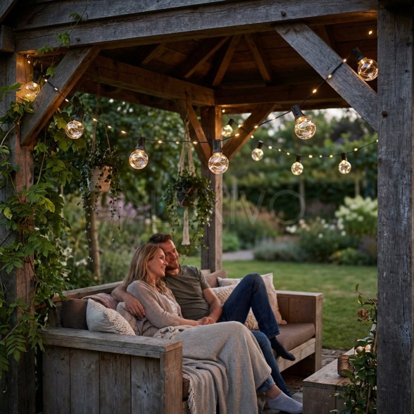 Solárna záhradná girlanda 30x LED dekoratívne žiarovky 15, 05 m 3000K teplá biela + diaľkový ovládač AURA