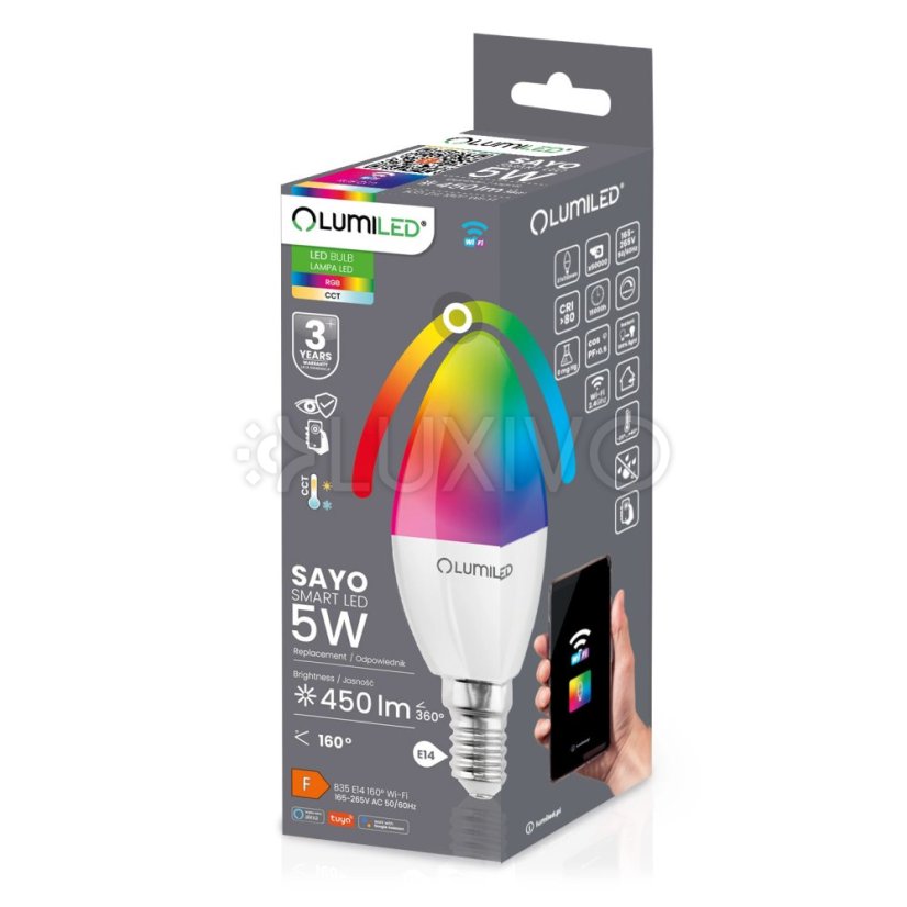 LED žiarovka E14 B35 CANDLE 5W = 40W 450lm RGB stmievateľná CCT Inteligentná TUYA WiFi SMART SAYO LUMILED