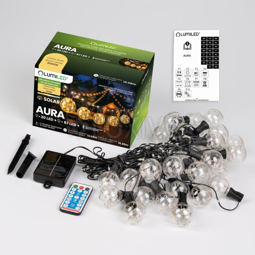 Solárna záhradná girlanda 30x LED dekoratívne žiarovky 15, 05 m 3000K teplá biela + diaľkový ovládač AURA