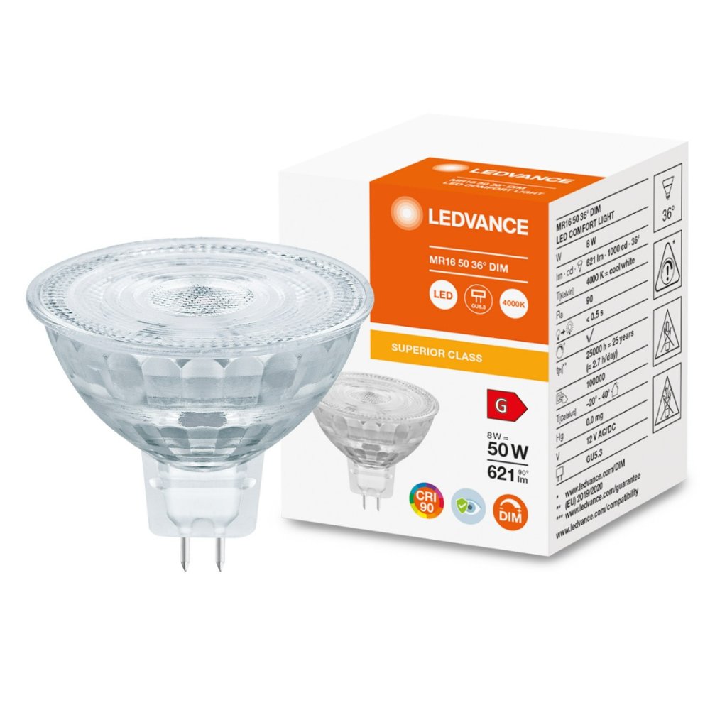 LED žiarovka MR16 12V 8W = 50W 621lm 4000K Neutrálna 36° CRI90 Stmievateľná LEDVANCE Superior