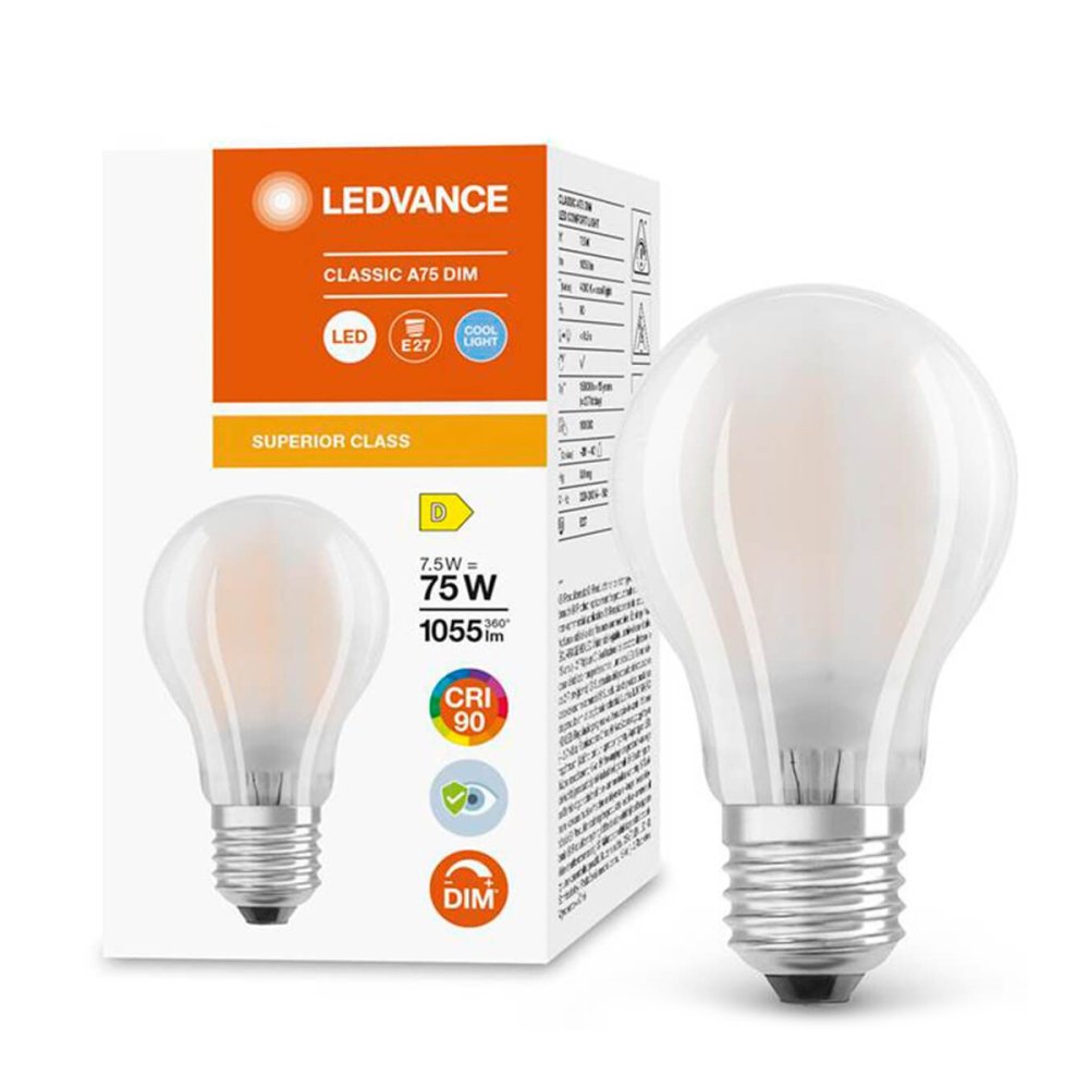 LED žiarovka E27 A60 7,5W = 75W 1055lm 4000K Neutrálna 300° CRI90 Vlákno Mliečna Stmievateľná LEDVANCE Superior