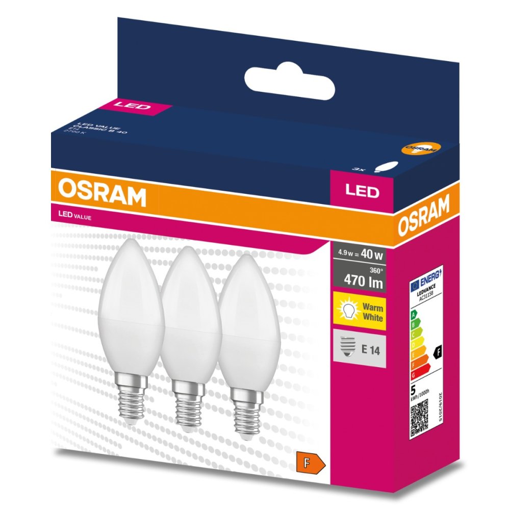 3PAK LED žiarovka E14 B35 4,9W = 40W 470lm 2700K Warm OSRAM Value