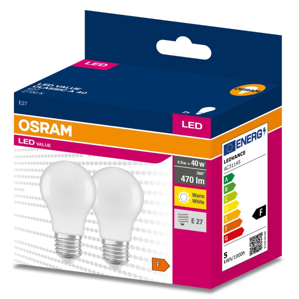 2PAK LED žiarovka E27 A60 4,9W = 40W 470lm 2700K Warm 200° OSRAM VALUE