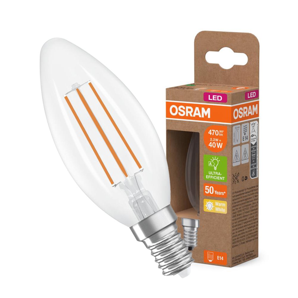 LED žiarovka B35 Candle E14 2,2W = 40W 470lm 2700K Warm 330° 214lm/W CLASSIC ENERGETICKÁ ÚSPORNOSŤ Osram