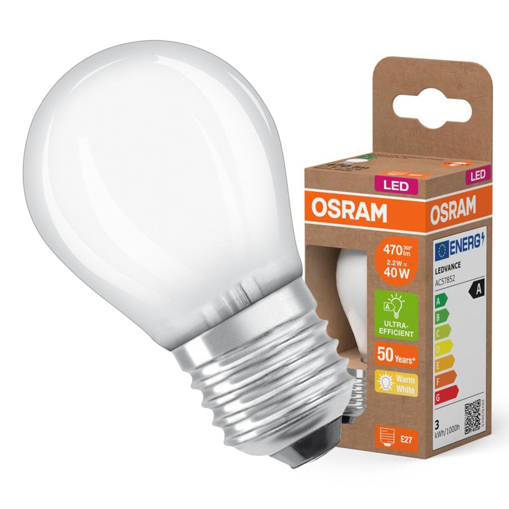 LED žiarovka P45 Ball E27 2,2W = 40W 470lm 2700K Warm 330° 214lm/WCLASSIC ENERGETICKÁ ÚSPORNOSŤ Osram