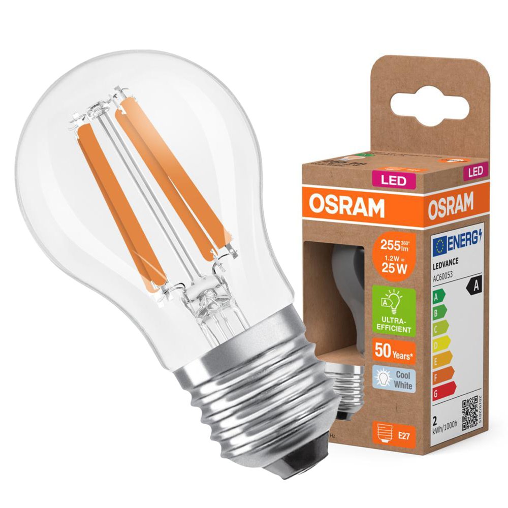LED žiarovka P45 Ball E27 1,2W = 25W 255lm 4000K Neutral 330° 213lm/W CLASSIC ENERGETICKÁ ÚSPORNOSŤ Osram