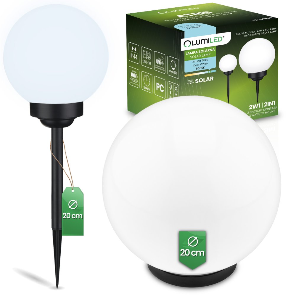 E-shop Solárna záhradná lampa LED 6500K IP44 20cm zapichovacia nástenná biela guľa ATRIS LUMILED