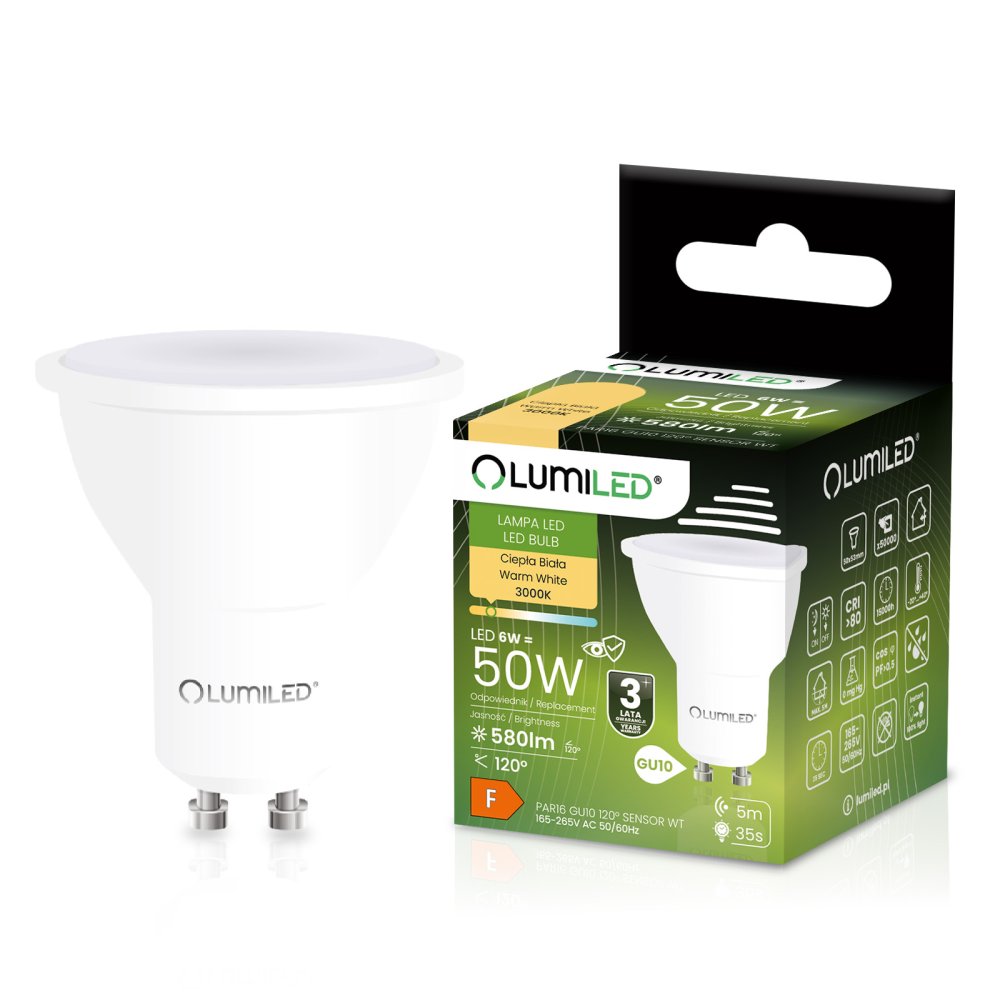 E-shop LED žiarovka GU10 reflektor PAR16 6W = 50W 580lm 3000K teplá 120° so senzorom pohybu a súmraku LUMILED