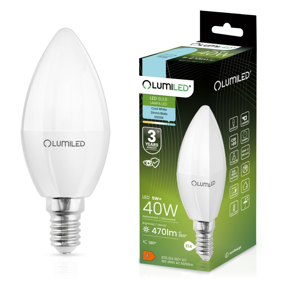 E-shop LED žiarovka B35 E14 5W = 40W 470lm 6500K Cold 180° LUMILED