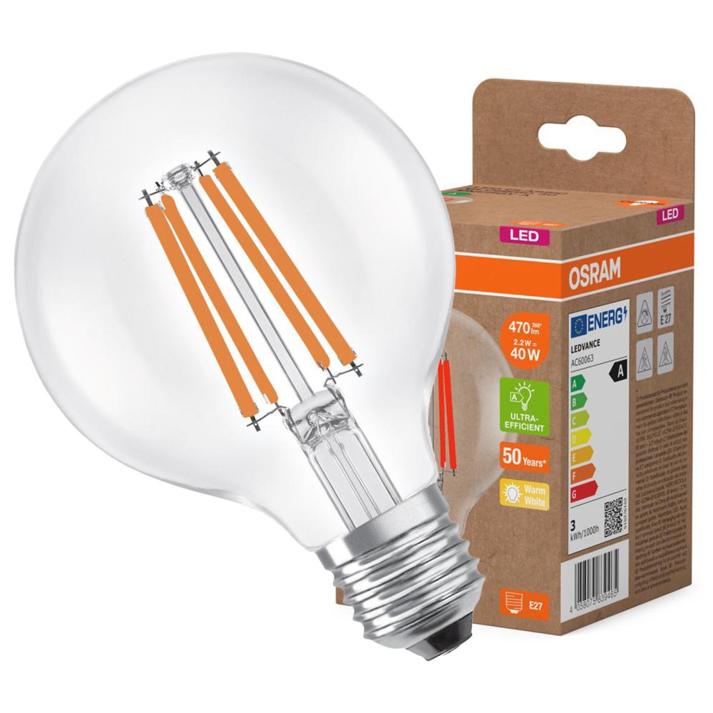 LED žiarovka G80 Sphere E27 2,2W = 40W 470lm 2700K Warm 330° Filament CLASSIC ENERGETICKÁ ÚSPORNOSŤ Osram