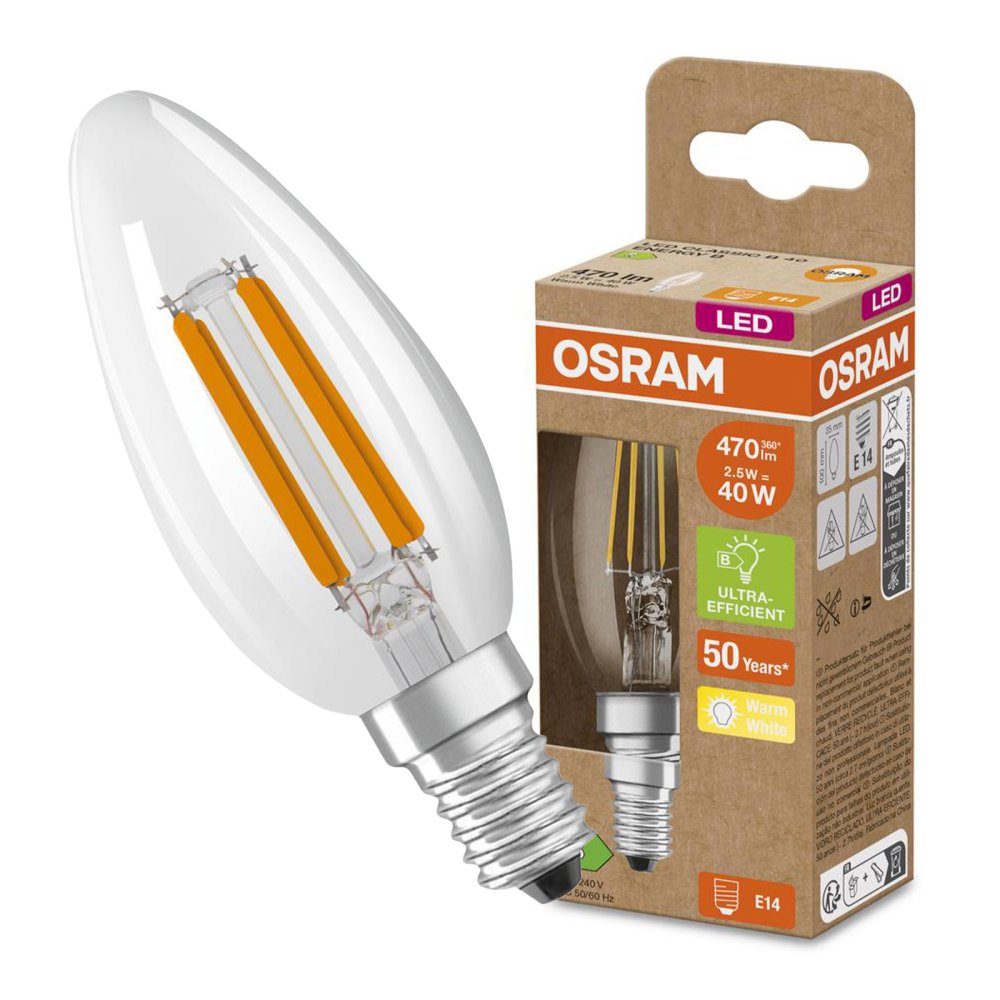 LED žiarovka B35 Candle E14 2,5W = 40W 470lm 2700K Warm 300° 188lm/W CLASSIC ENERGETICKÁ ÚSPORNOSŤ Osram