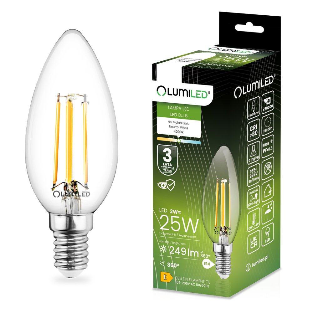 LED žiarovka E14 Candle B35 2W = 25W 249lm 4000K Neutral 360° FILAMENT LUMILED