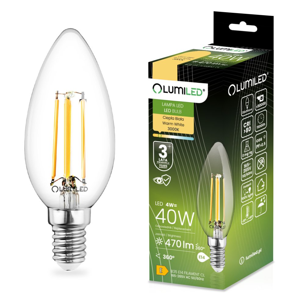 LED žiarovka E14 Candle B35 4W = 40W 470lm 3000K Warm 360° FILAMENT LUMILED