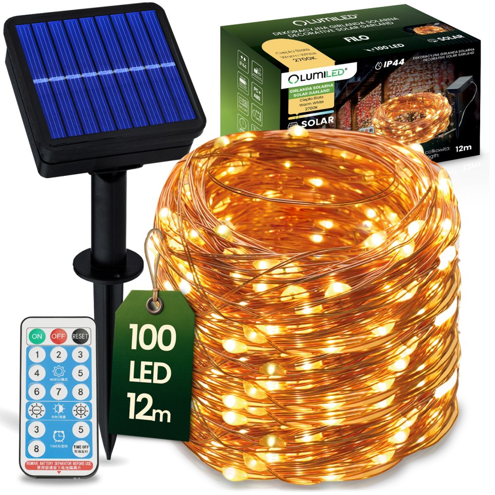 Solárna záhrada Girlanda 100 LED 12m 2700K Teplá biela LUMILED