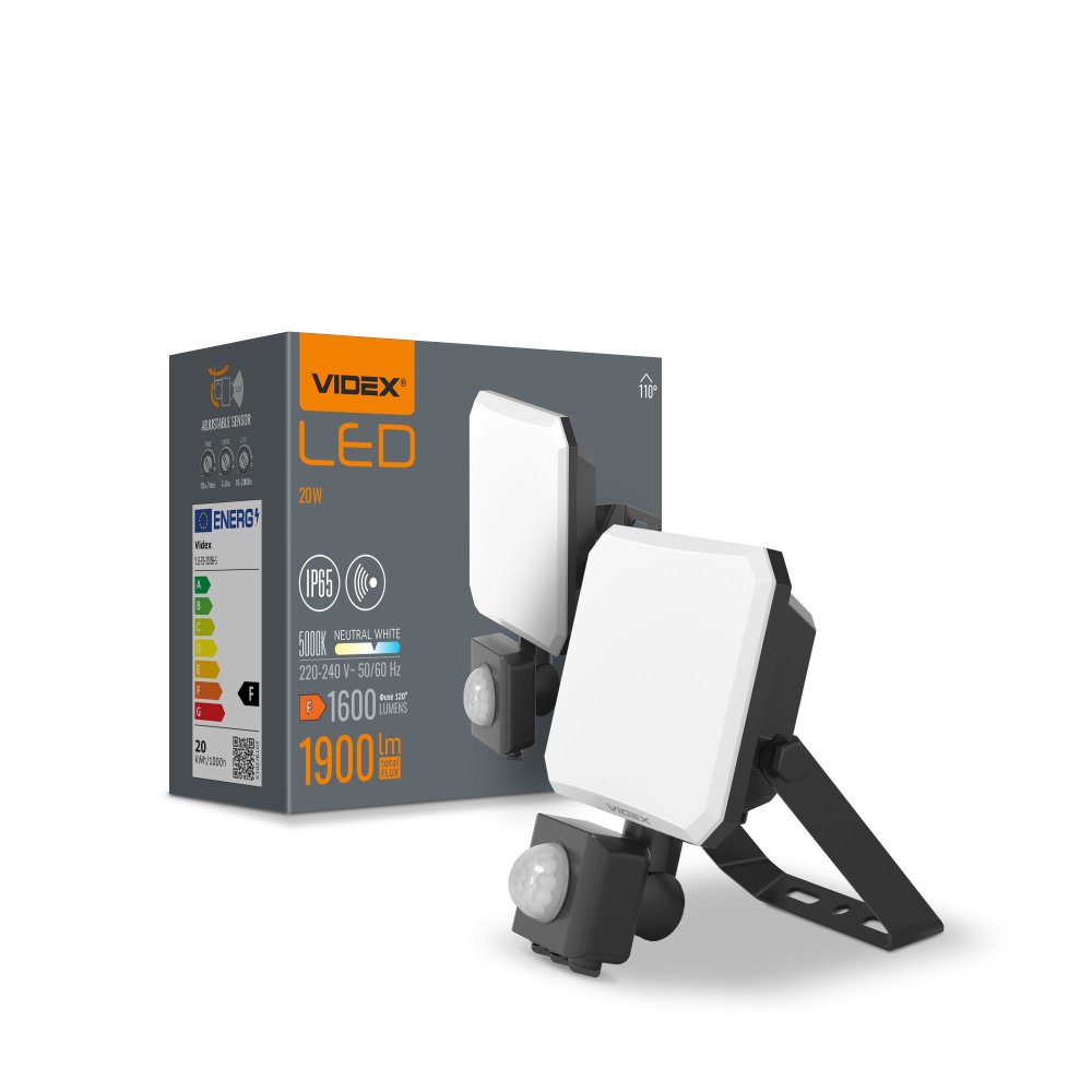LED reflektor 20W 1900lm 5000K studený so senzorom pohybu a súmraku čierny s mliečnym tienidlom Videx