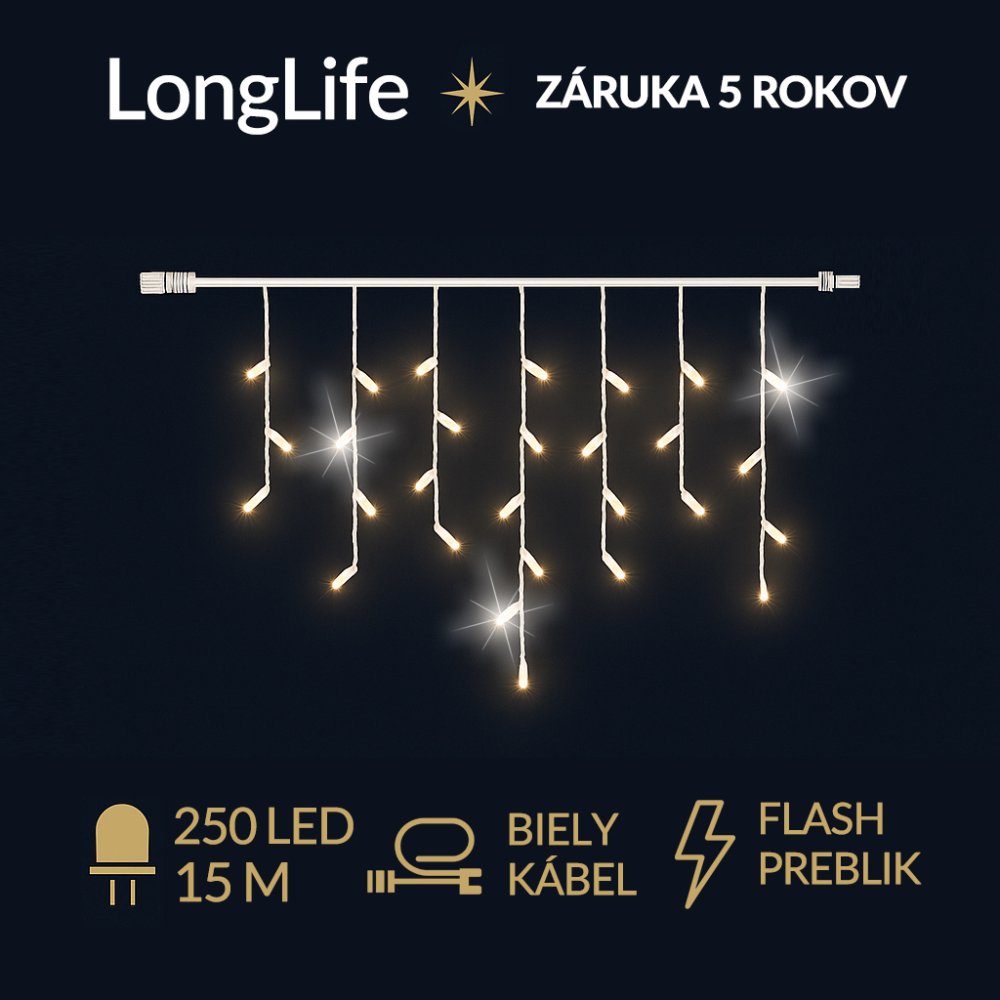 LongLife led svetelná záclona vonkajšia flash - 250led - 15m teplá biela / flash prebliknutie studená biela - biely kábel
