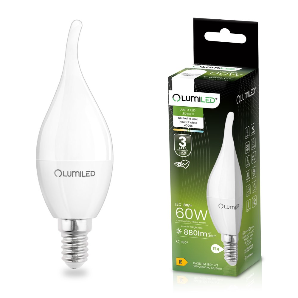 E-shop LED žiarovka E14 sviečka BA35 8W = 60W 880lm 4000K neutrálna 180° LUMILED
