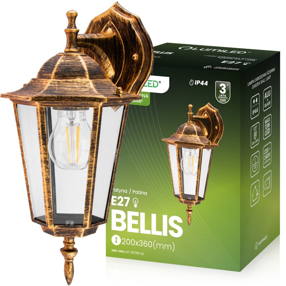 E-shop Vonkajšie fasádne nástenné svietidlo E27 LATARNIA DOWN DOWN Patina BELLIS LUMILED