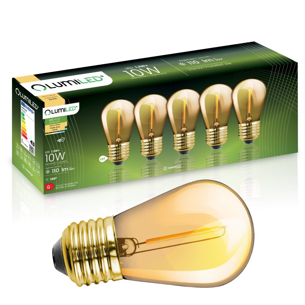 E-shop 5-PAK LED žiarovka E27 ST14 1,3W = 10W 2200K Warm 110lm vlákno pre Girland LUMILED