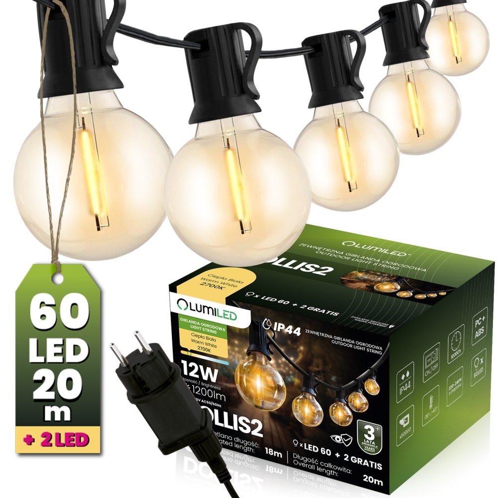 E-shop Záhradná svetelná reťaz Girland 20m 60x LED + 2 žiarovky 12W Warm 2700K DOLLIS2 LUMILED
