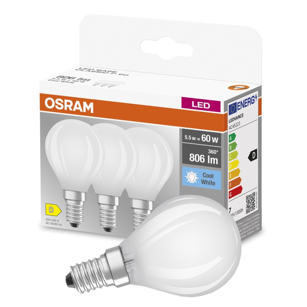3PAK LED žiarovka E14 P45 5,5W = 60W 806lm 4000K Neutrálne 300° vlákno OSRAM BASE