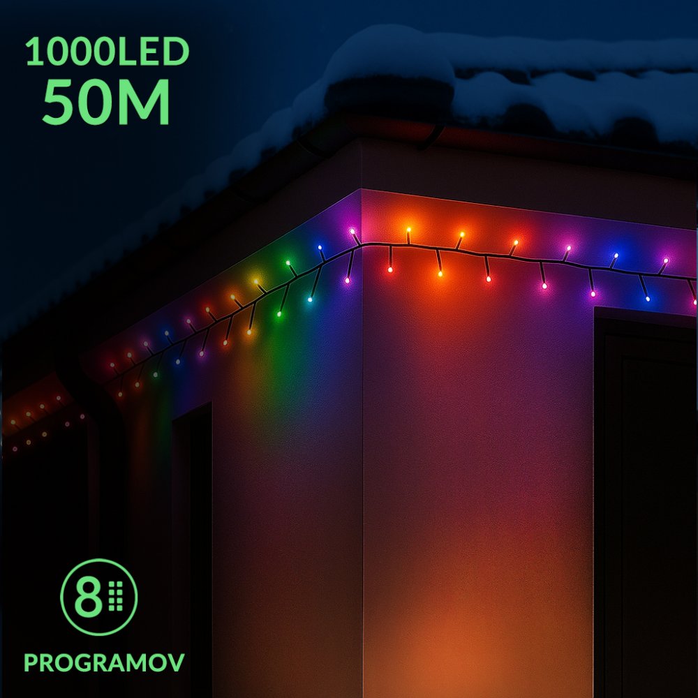 Vianočná led svetelná reťaz vonkajšia - programátor - 1000led - 50m multicolour