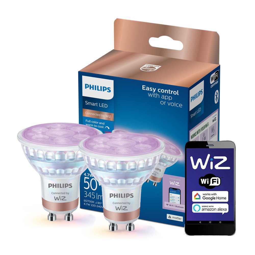 2x LED GU10 Reflector PAR16 4,7W = 50W 345lm 2200-6500K RGB + TW Smart SMART WiFi Bluetooth App WiZ Philips