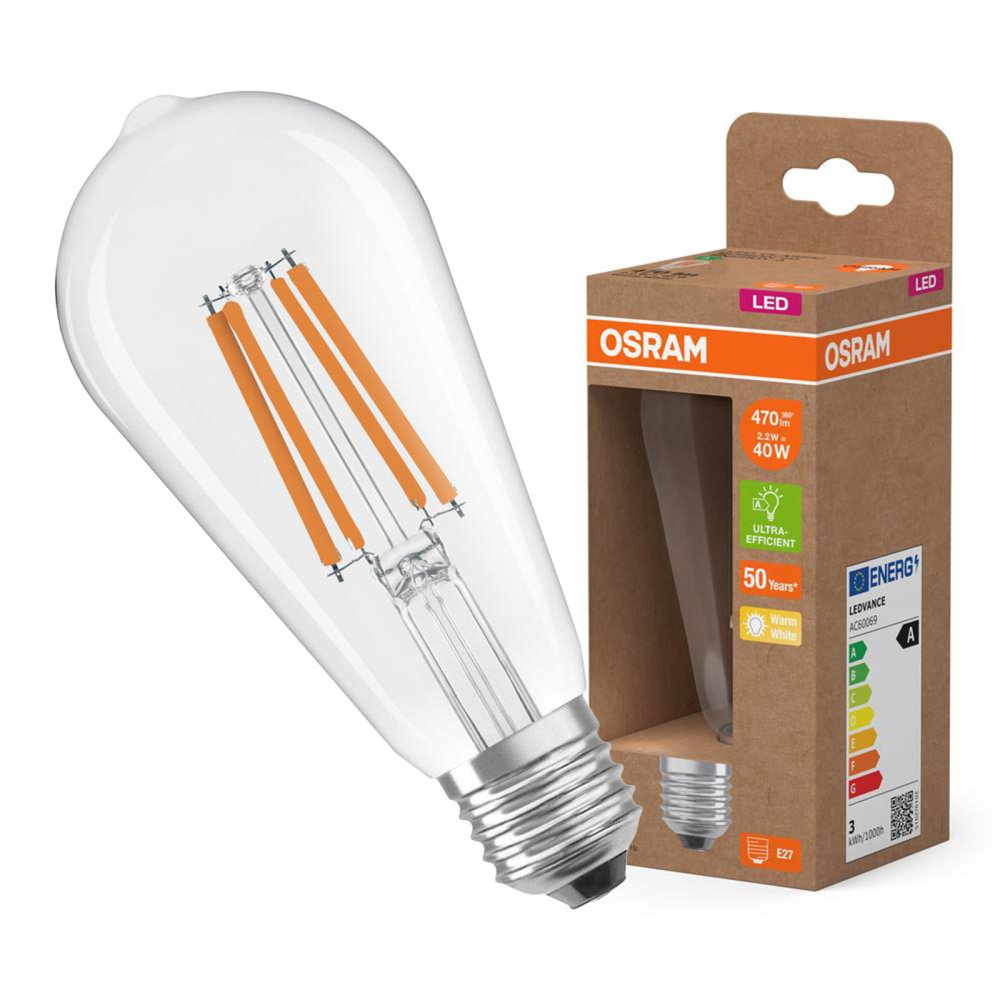 LED žiarovka ST64 E27 2,2W = 40W 470lm 2700K Teplé 330° vlákno CLASSIC ENERGETICKÁ ÚSPORNOSŤ Osram