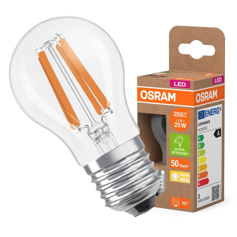 LED žiarovka P45 Ball E27 1,2W = 25W 255lm 2700K Warm 330° 213lm/W CLASSIC ENERGETICKÁ ÚSPORNOSŤ Osram