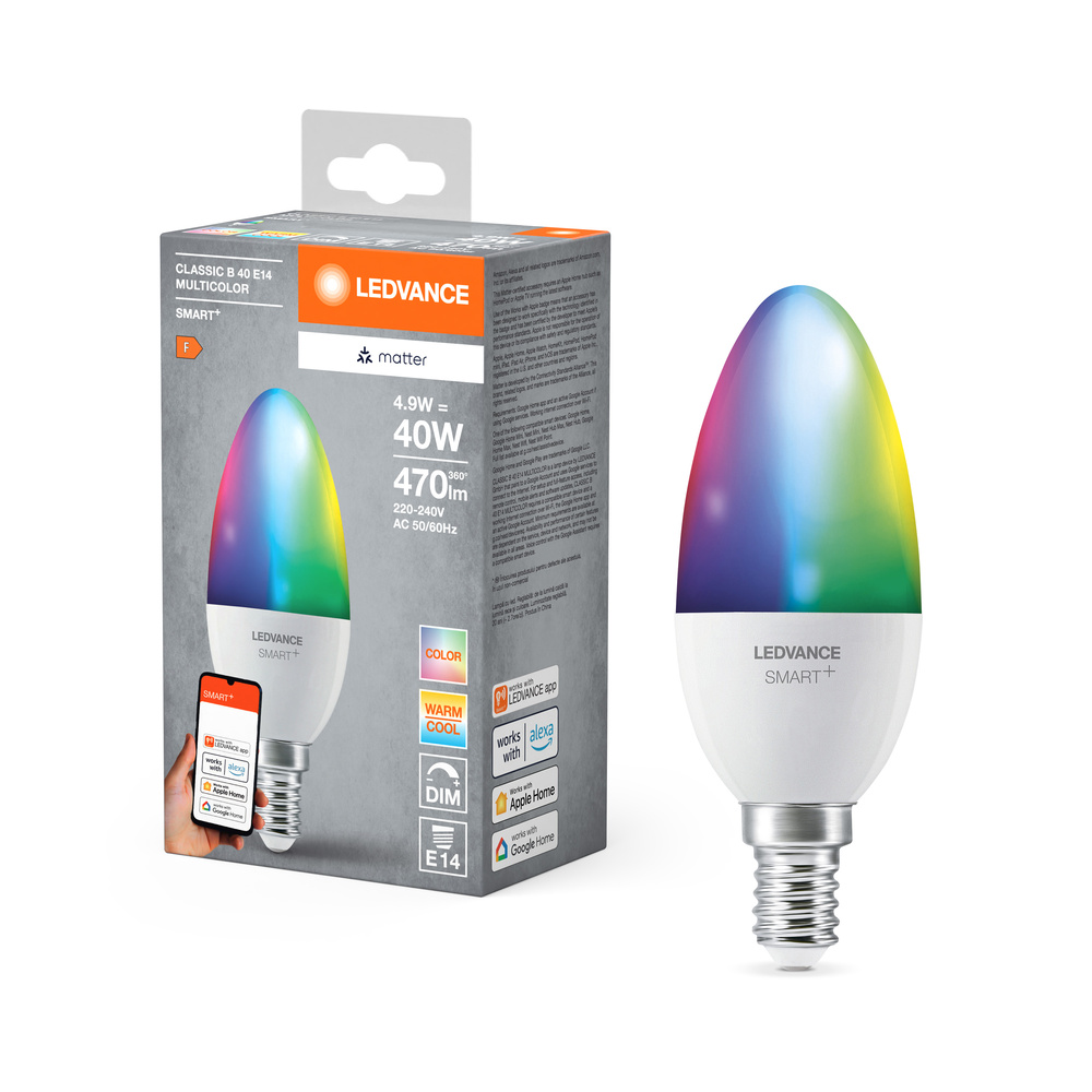 LED žiarovka E14 Candle 4,9W = 40W 470lm RGBW CCT Stmievateľná SMART+ Matter Wifi Candle Ledvance