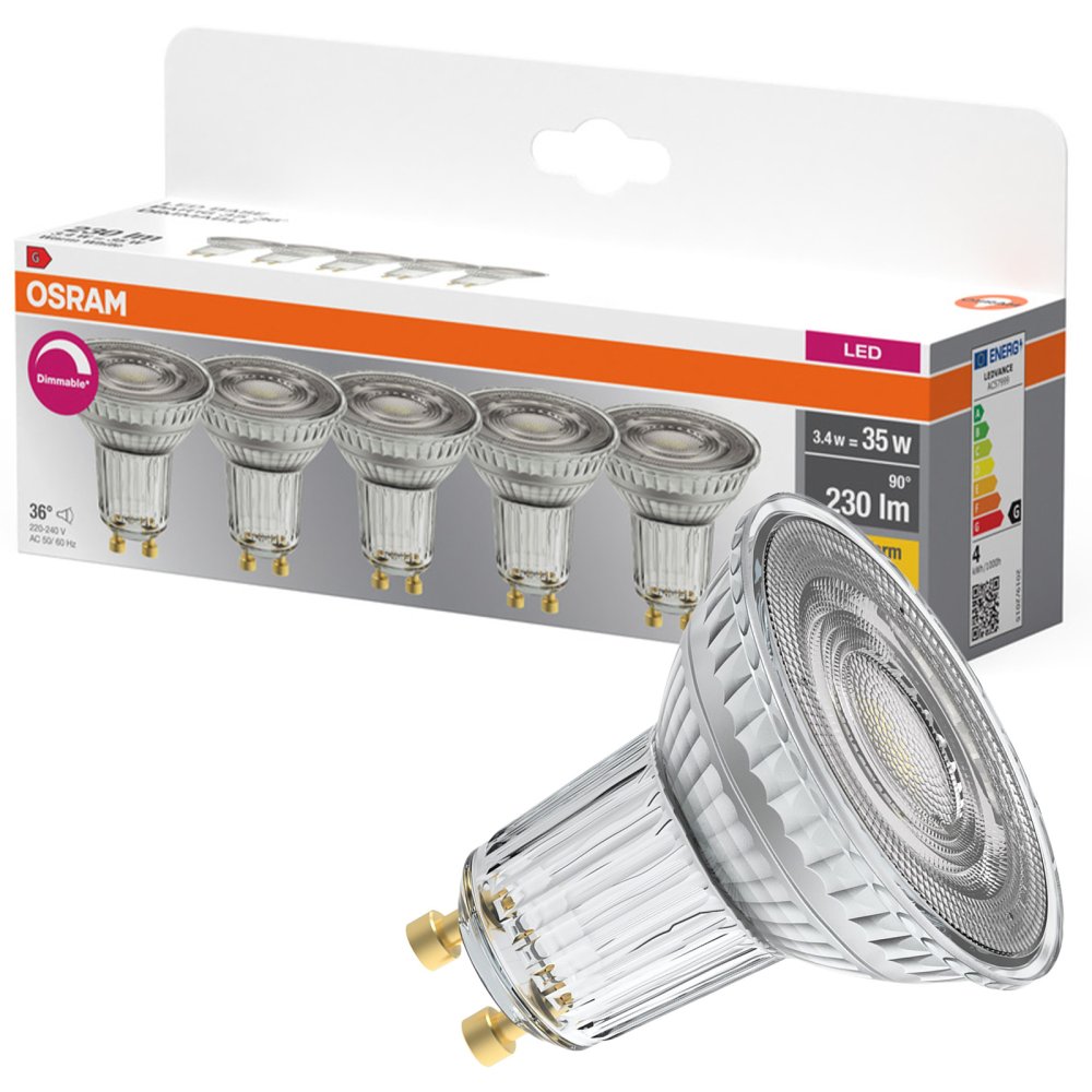 5x LED PAR16 reflektor GU10 3,4W = 35W 230lm 2700K teplý CRI90 36° stmievateľný BASE Osram
