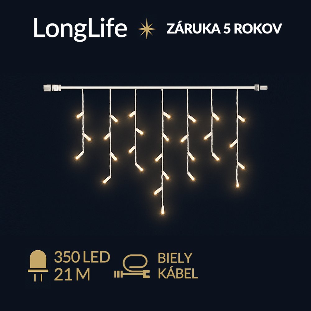 LongLife led svetelná záclona vonkajšia - 350led - 21m teplá biela - biely kábel