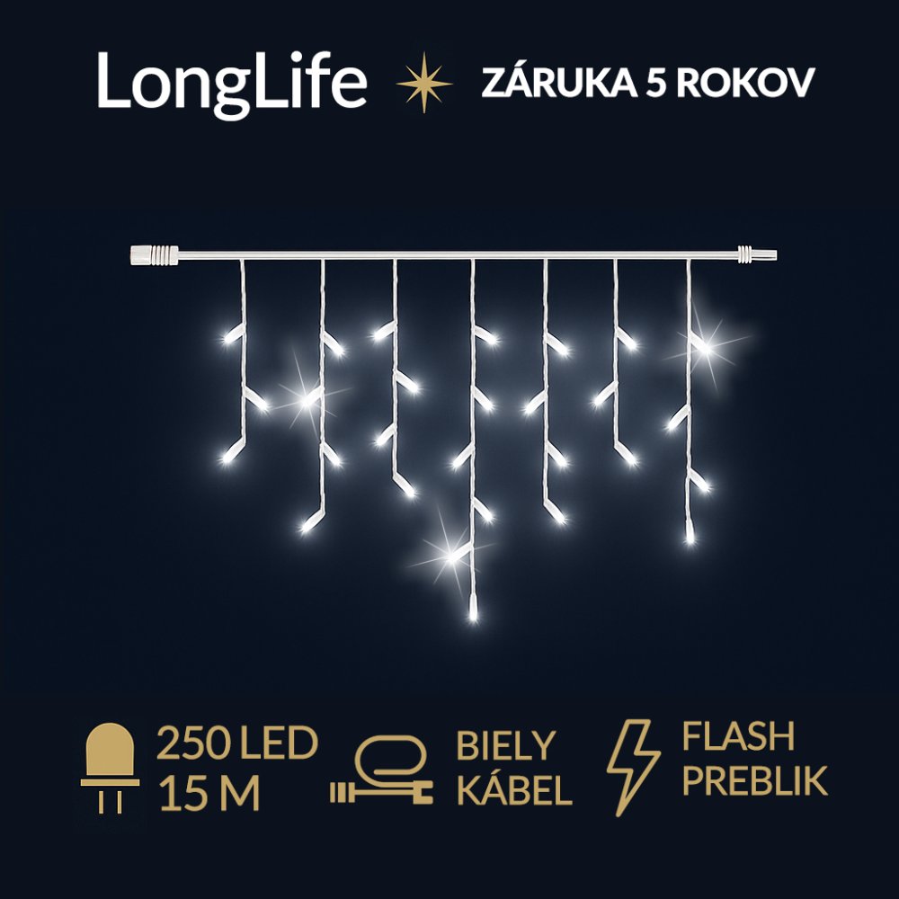 LongLife led svetelná záclona vonkajšia flash - 250led - 15m studená biela / flash prebliknutie studená biela - biely kábel