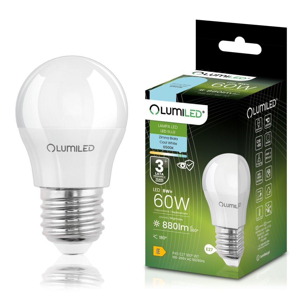 E-shop LED žiarovka E27 guľa P45 8W = 60W 880lm 6500K studená 180° LUMILED