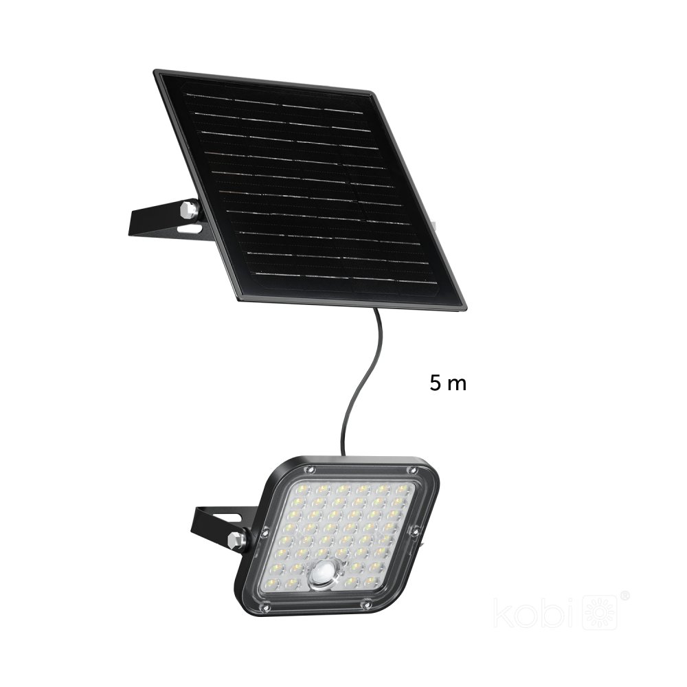 E-shop LED solárny vonkajší záhradný reflektor 10W 1500lm 4000K neutrálna 120° so senzorom pohybu a súmraku IP65 čierny MHCS Kobi