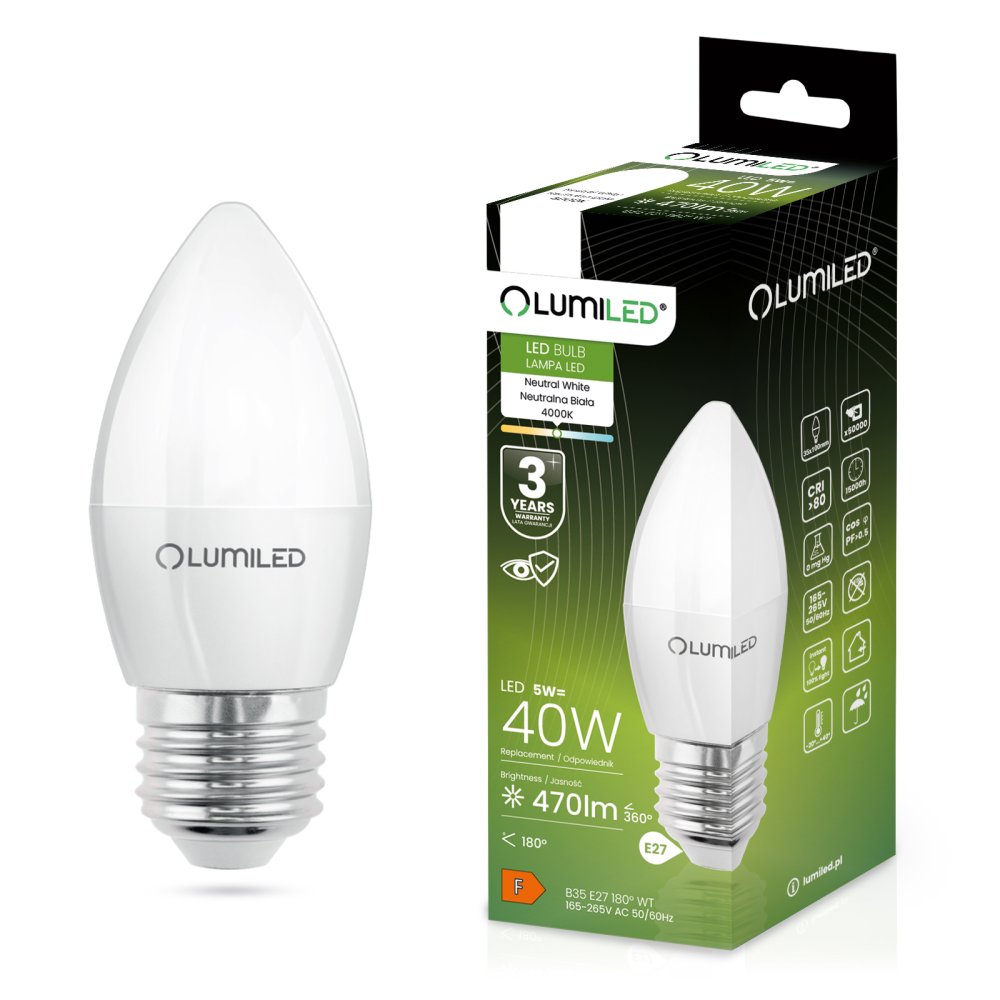 E-shop LED žiarovka E27 B35 5W = 40W 470lm 4000lm Neutrálna 180° LUMILED