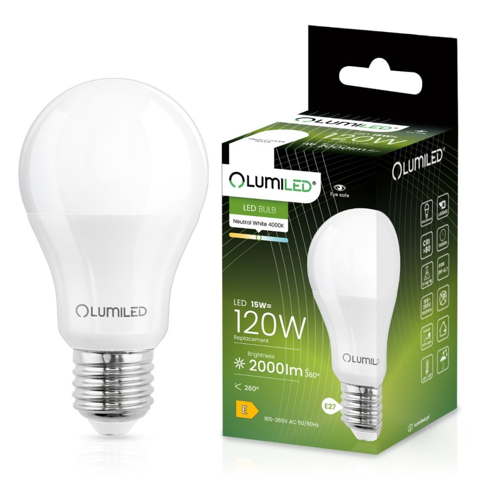 LED žiarovka E27 A65 15W = 120W 2000lm 4000K Neutrálna 260° LUMILED