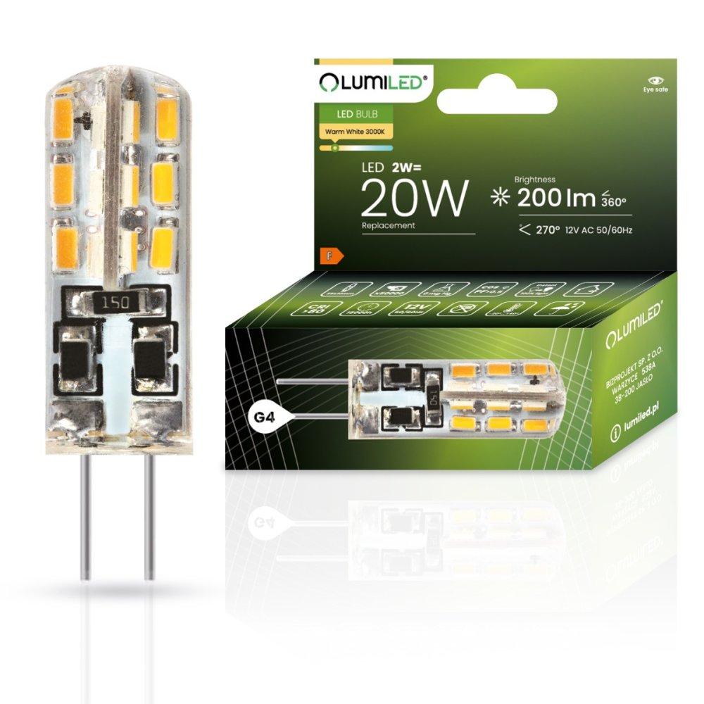 LED žiarovka G4 s päticou 2W = 20W 200lm 3000K teplá 270° LUMILED