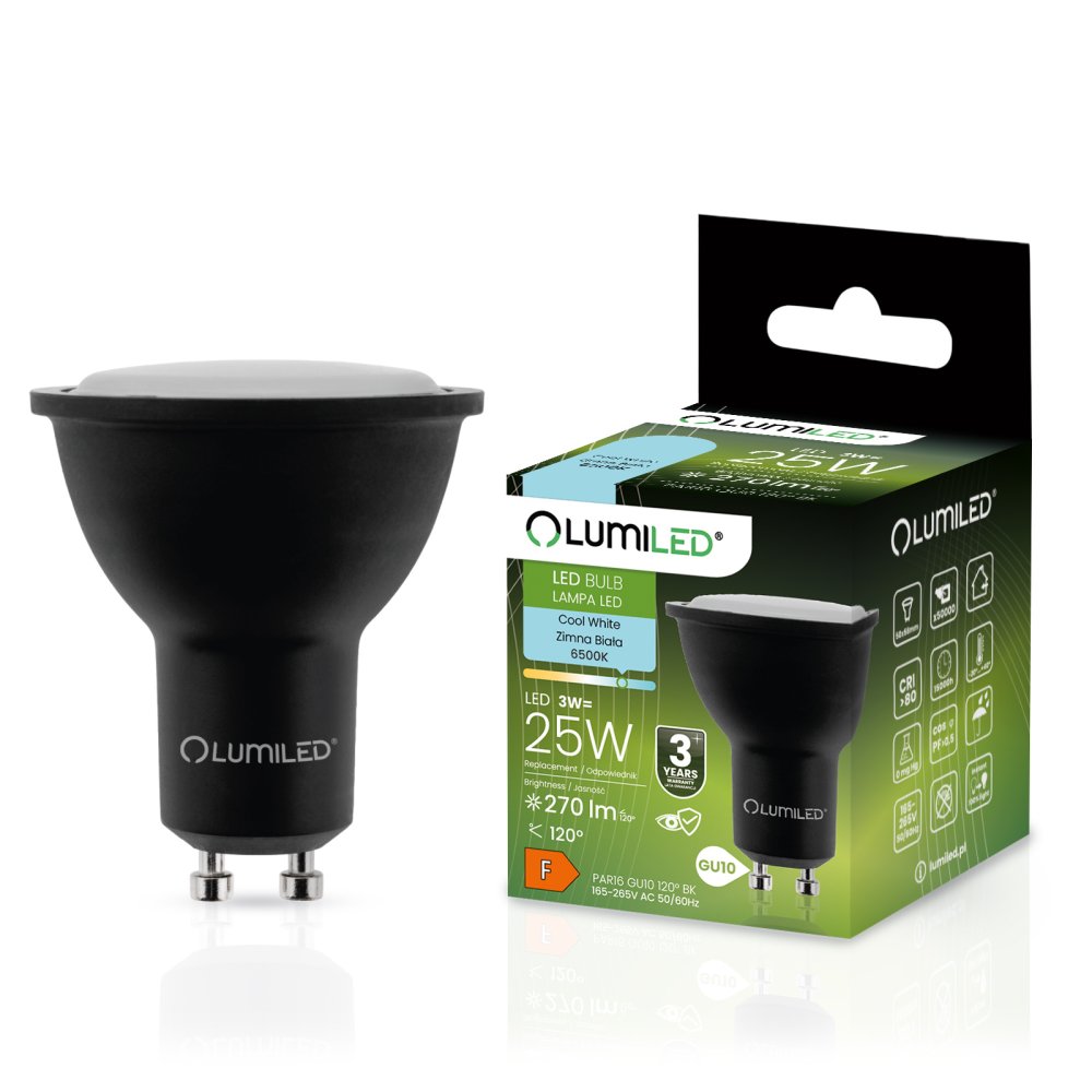 LED žiarovka GU10 3W = 25W 270lm 6500K Cold 120° Black LUMILED