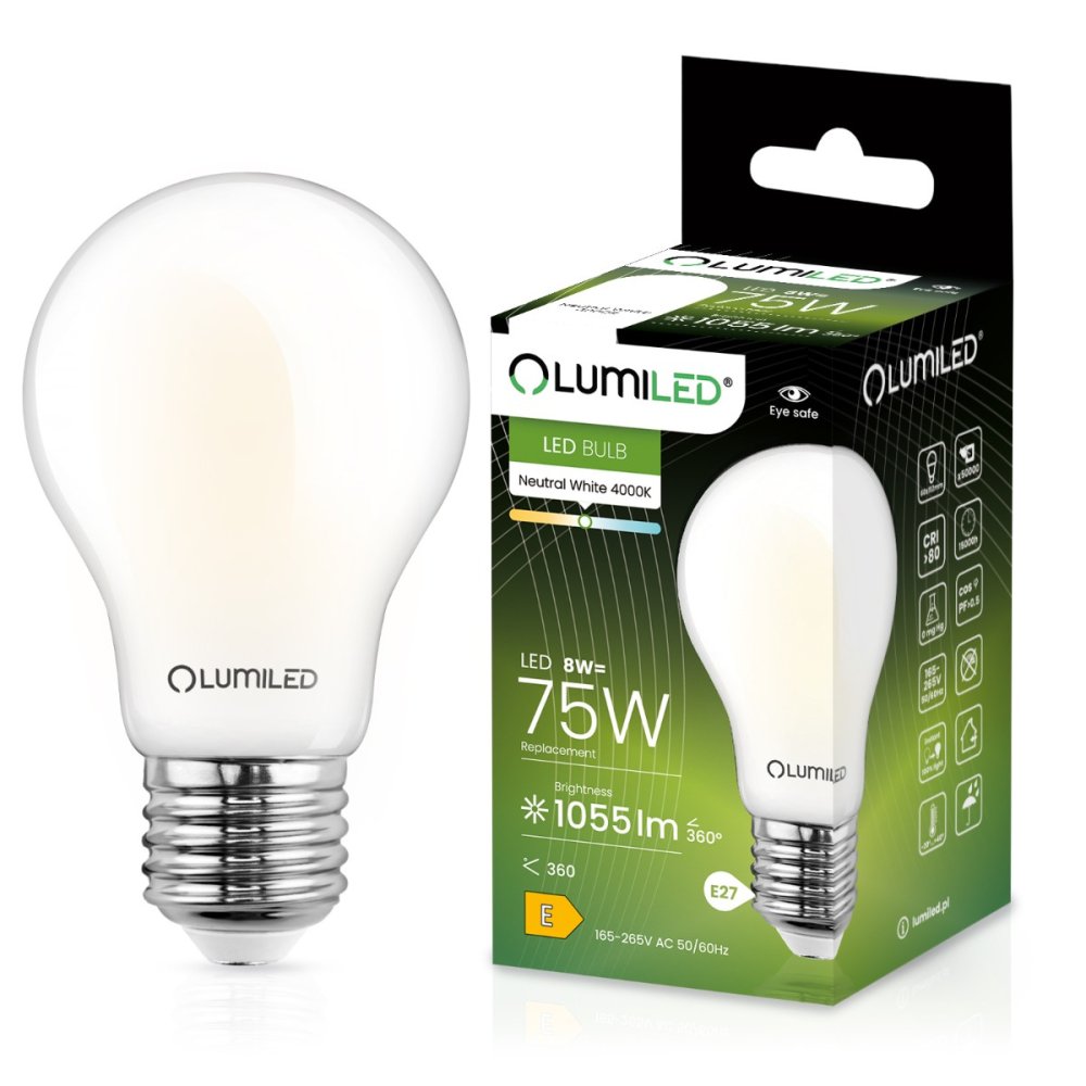 LED žiarovka E27 A60 8W = 75W 1055lm 4000lm Neutrálne 360° vlákno Milk LUMILED