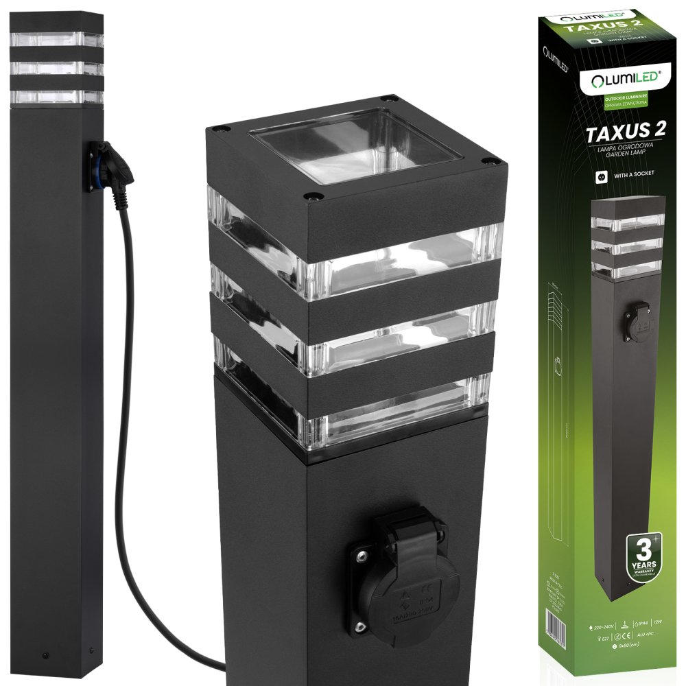 E-shop Záhradný vonkajší stojaci LED stĺp E27 12W so zásuvkou TAXUS 2 80cm LUMILED