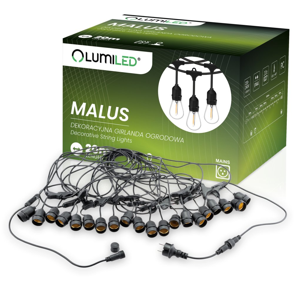 MALUS Vonkajšia záhradná svetelná reťaz 20 m 20x E27 Lumiled
