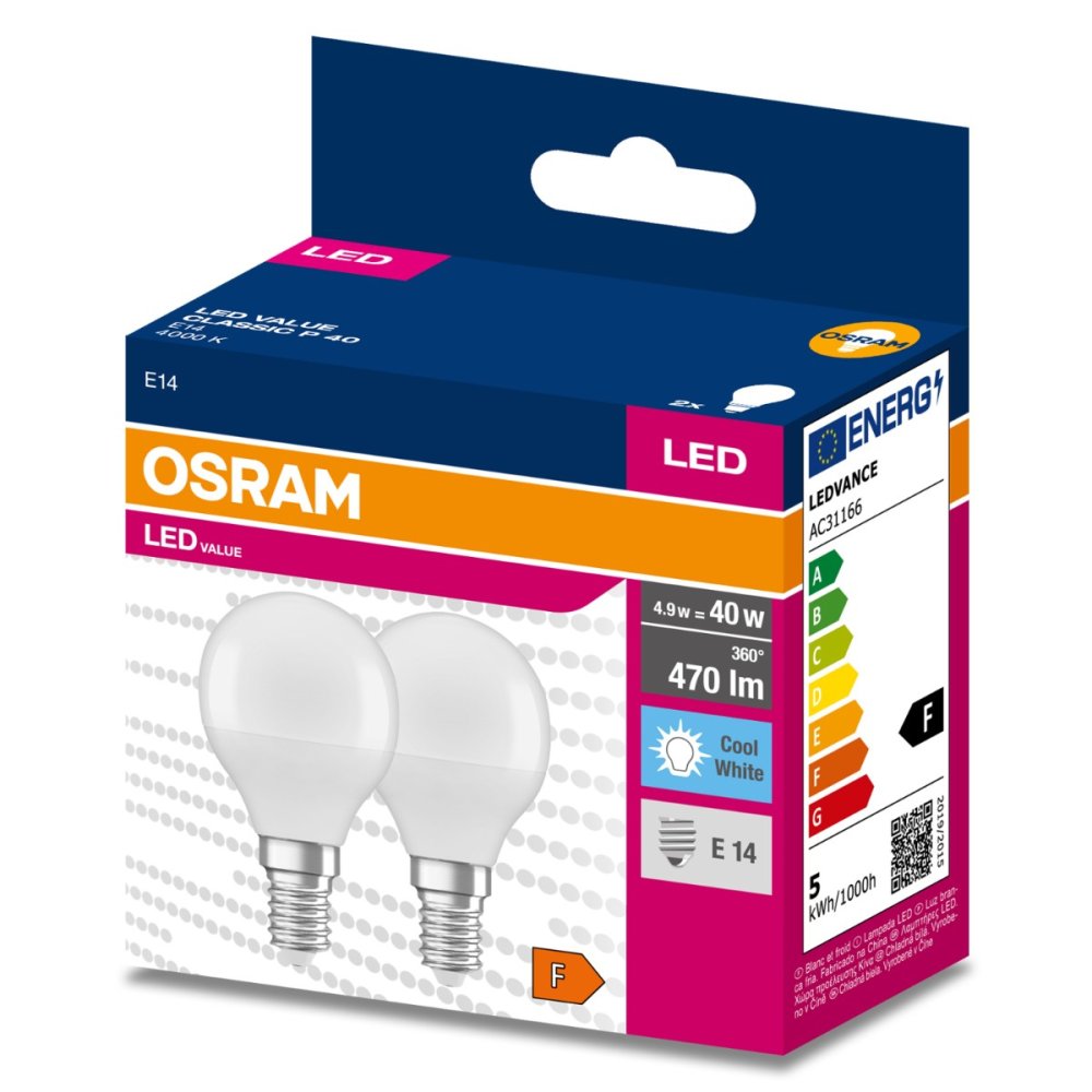 2PAK LED žiarovka E14 P45 4,9W = 40W 470lm 4000K Neutrálna 200° OSRAM VALUE