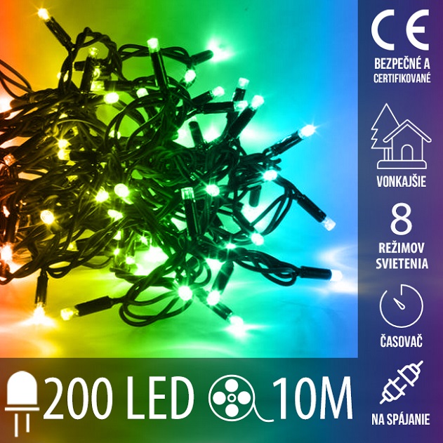 E-shop Vianočná led svetelná reťaz vonkajšia na spájanie s časovačom + programy + diaľkový ovládač - 200led - 10m multicolour