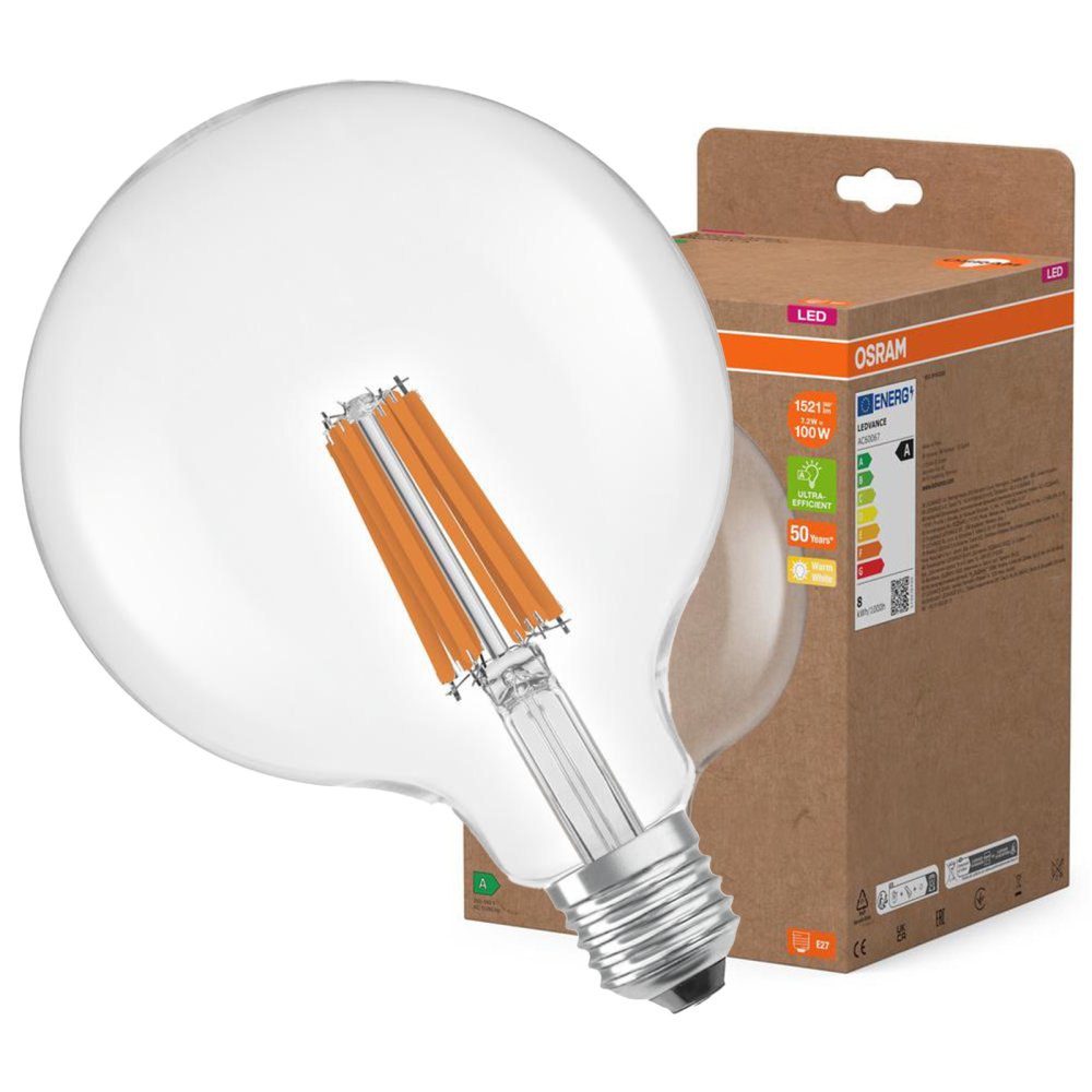 LED žiarovka G125 Sphere E27 7,2W = 100W 1521lm 2700K Warm 330° Filament CLASSIC ENERGETICKÁ ÚSPORNOSŤ Osram