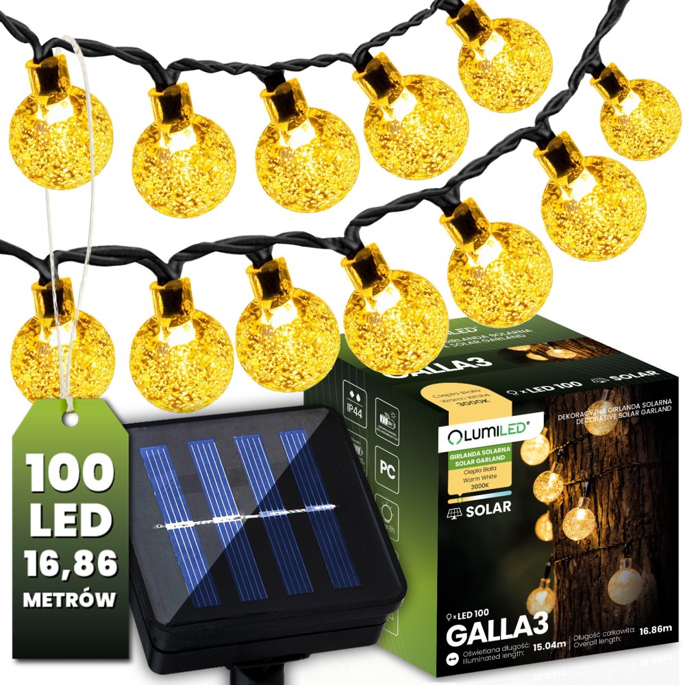 Solárne záhradné girlandy Solárne svetlá 100x LED žiarovka Balkónové gule 16m 3000K GALLA3 LUMILED