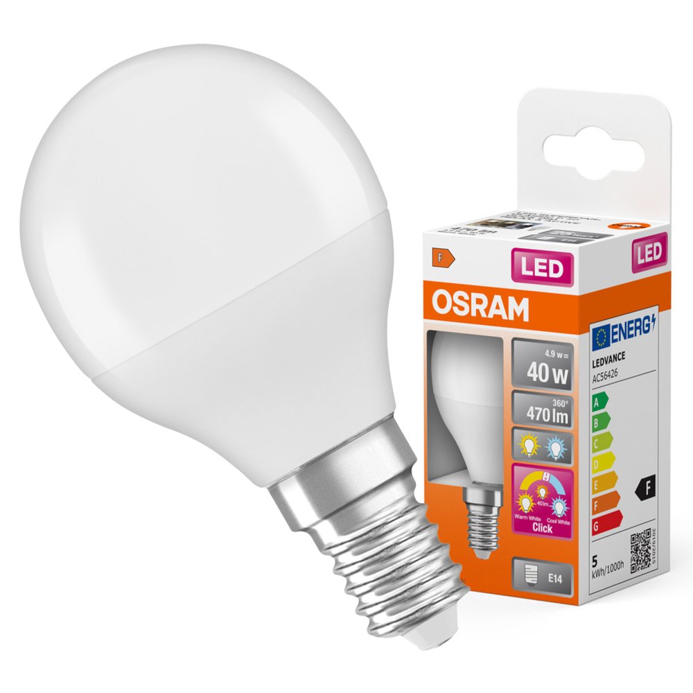 LED žiarovka P47 Ball E14 4,9W = 40W 470lm 2700-4000K CCT 200° Relax Active and Sleep CLASSIC Osram