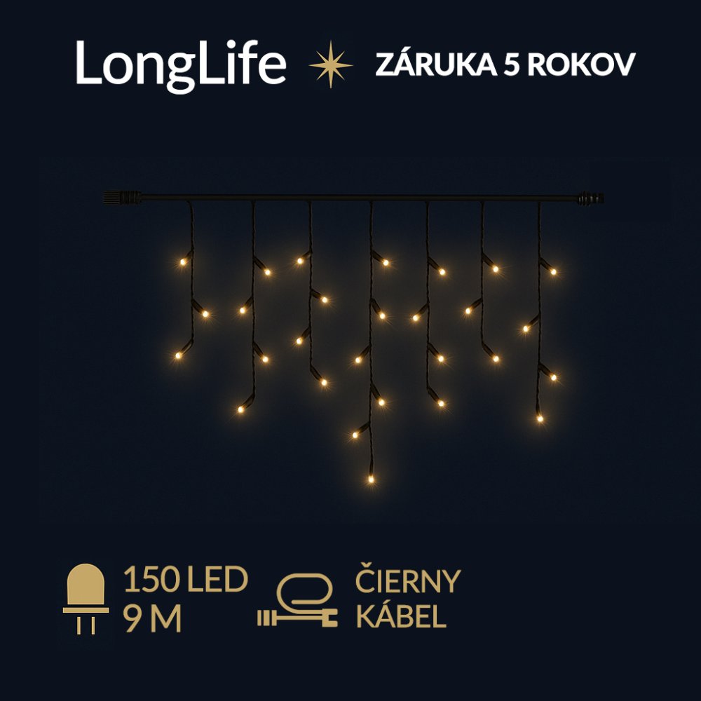 LongLife led svetelná záclona vonkajšia - 150led - 9m teplá biela - čierny kábel