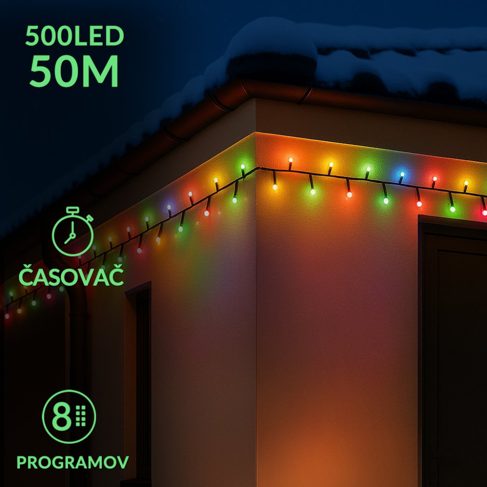 LED vianočná reťaz, 50 m, vonkajšia aj vnútorná, multicolour, programy, časovač